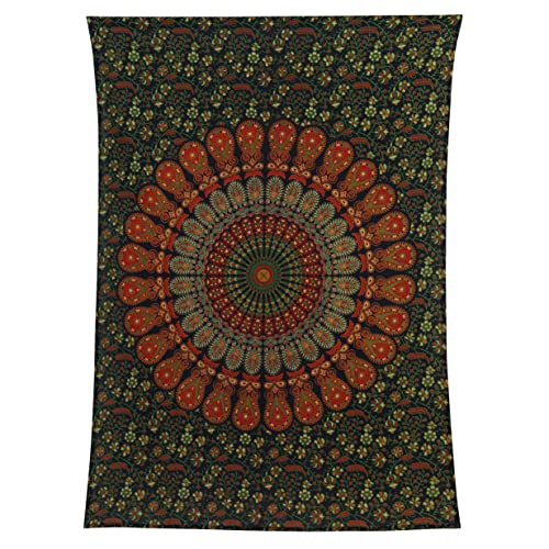 Bless International Handmade Indian hippie Bohemian Psychedelic Peacock Mandala Wall hanging College Dorm Beach Throws Table Cloth Bedding Tapestry (Golden Green, Poster(30x40Inches)(76x101cms)) - color: Golden Green, size: 40"L x 30"W
