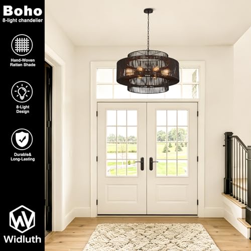 30" Large Black Rattan Chandelier, 8-Light Hand-Woven 3-Tier Drum Wicker Boho Farmhouse Light Fixture, Retro Pendant for Dining Room Kitchen Island Bedroom Living Room Foyer - color: Black 30"