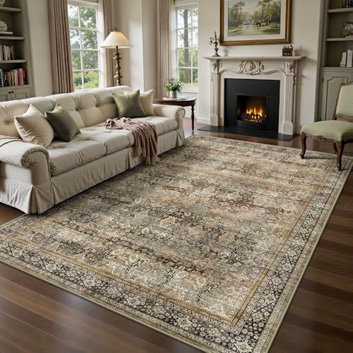 6x9 Area Rugs - Washable Vintage Retro Living Room Rug, Soft Ultra Thin Non Slip Low Pile Traditional Distressed Boho Carpet for Bedroom Dining Room Nursery Home Office, Charcoal Olive - color: B-charcoal / Olive, size: 6x9