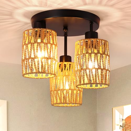 Surpars House Boho Rattan Ceiling Light Fixture, Mini Rattan Chandelier Lighting Fixture, Hand Woven Ceiling Light Fixtures for Hallway Bedroom Kitchen Entryway Living Room (Brown) - color: Brown