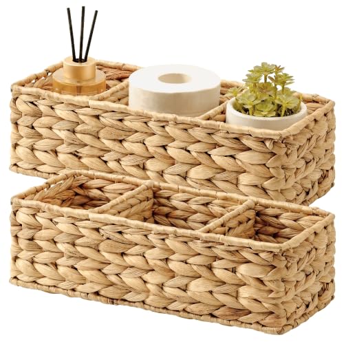 StorageWorks Wicker Basket Tank Topper, Wicker Storage Basket for Shelves, Toilet Paper Basket for Back of Toilet Tank Top, 3-Section Water Hyacinth Storage Baskets, 2-Pack - color: Natural(Water Hyacinth), size: 14¼"l x 6"w x 4¼"h