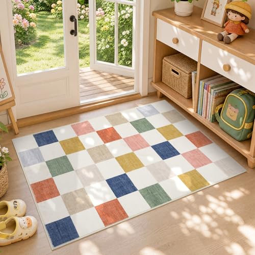 GarveeHome Checkered Colorful Rainbow Small 2x3 Washable Rug Door Mat Geometric Modern Soft Low-Pile Stain Resistant Kids Rug for Entryway Bedroom Bathroom Kitchen Non-Slip TPE Backing - color: Colorful, size: 2' x 3' (Rectangular)