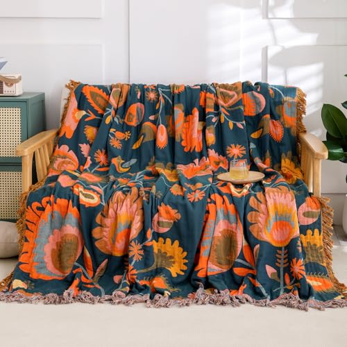 Snycler Boho Throw Blanket for Bed, 100% Organic Cotton Muslin Soft Throw-Orange Boho Floral Farmhouse Rustic Spring Summer Fall Decor Blanket for Couch Sofa Quilt and Gift, 60" x 80" - color: Orange Boho Floral, size: 60"x80"