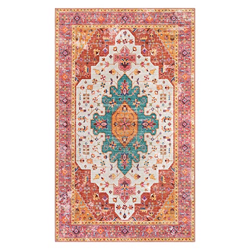 Moynesa Ultra-Thin Washable Vintage Area Rug - 3x5 Boho Girls Bedroom Non-Slip Non-Shedding Oriental Medallion Living Room Mat Indoor Carpet for Office Nursery Room, Pink/Teal/Multi - color: Pink/Multi, size: 3' x 5'