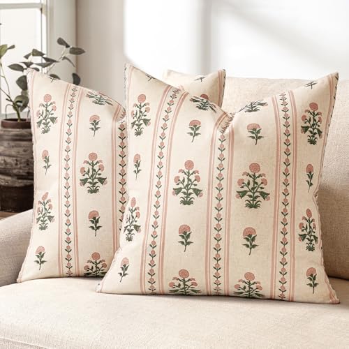 Decorative Vintage Striped Floral Throw Pillow Covers 18x18 Inch Set of 2 Pink Farmhouse Boho Botanical Print Cushion Covers for Sofa Couch Chair Bedroom Living Room Summer Home Decor - color: Pink, size: 18" x 18" (Pack of 2)