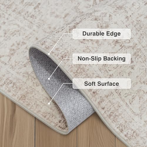 FMFUNCTEX 4x5 Washable Area Rug Neutral Vintage Beige Distressed Non Slip Low Pile Traditional Indoor Carpet for Living Room Bedroom Soft Retro Mat Throw Rug for Dining Office Kitchen Dorm Entryway - color: Beige, size: 4' x 5' (Rectangular)