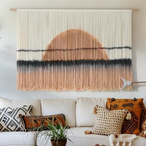 Macrame Wall Hanging Dip Dye Sunset Boho Wall Decor Fiber Art 57" W*35" L - color: Black and Brown