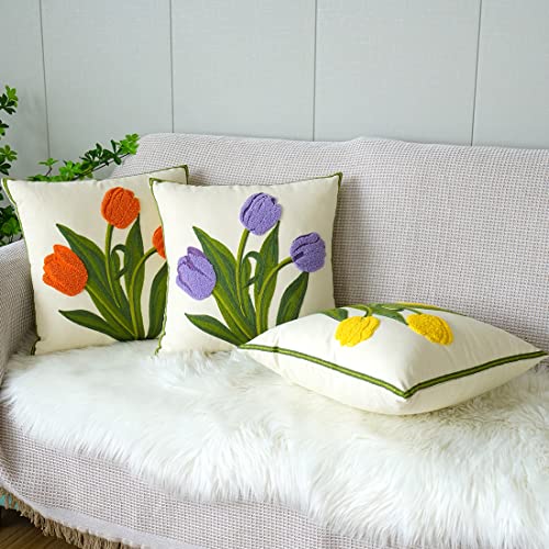 vctops Farmhouse Tulip Cotton Tufted Throw Pillow Cover Spring Floral Embroidery Pillowcase Soft Square Cushion Case for Sofa Couch Bed Chair (Yellow,18"x18") - color: Yellow