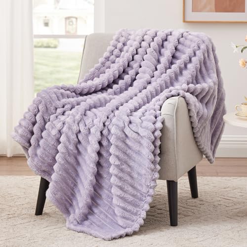 EXQ Home Fleece Blanket Twin Size for Couch or Bed - 3D Stripe Jacquard Decorative Blankets - Cozy Soft Lightweight Fuzzy Flannel Blanket Suitable for All Seasons(60"×80",Light Purple) - color: Light Purple, size: Twin