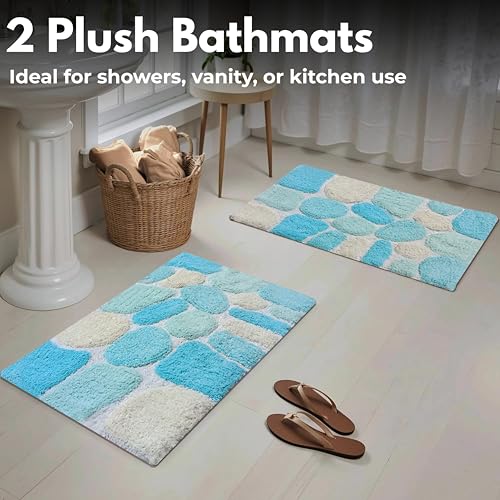 Ramanta Home Pebble Stone Pure Cotton Bathroom Mat Set of 2 - Turquoise, Super Soft Anti Skid Absorbent Bath Rug for Bathroom, Kitchen, Machine Washable Bathrugs - 21x32 & 17x24 Inch - color: Turquoise, size: 21" x 32" & 17" x 24" (Set of 2)