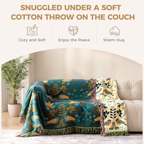LUTBM Boho Throw Blanket for Couch 100% Cotton Soft Birds and Floral Double Embroidery Breathable Summer Throw Blankets,50"x60" All Season Reversible Throws for Sofa Chair Livingroom Home Decor - color: Animal-bird-a, size: 50"×60"