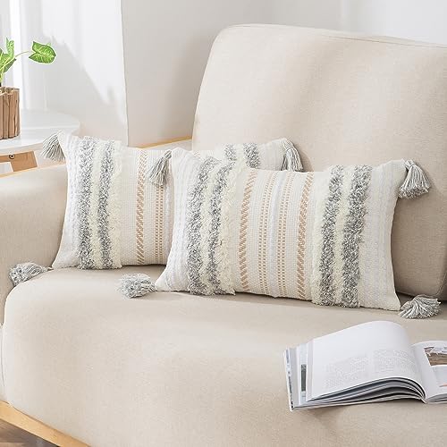 decorUhome Summer Decorative Boho Throw Pillow Covers 12x20 Set of 2, Lumbar Accent Neutral Textured Tufted Pillow Covers Striped for Couch Bed Sofa Living Room, Light Grey and Cream White - color: Light Grey and Cream White, size: 20" x 12" (Pack of 2)