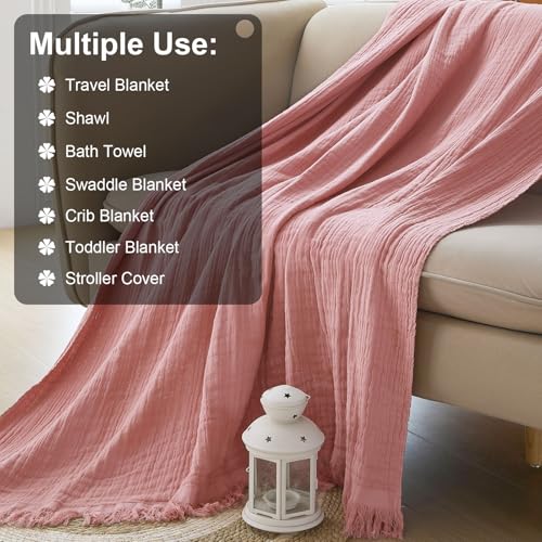 Cotton Muslin Throw Blanket with Tassels, Lightweight Woven Gauze, Pre-Washed Breathable Farmhouse Decor for Bed, Couch, All-Season Use (Dusty Pink, 50" x 60") - color: Dusty Pink, size: 50" x 60"