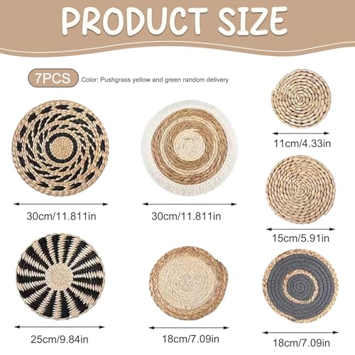Jeorywoet Round Woven Wall Basket Decor 7Pcs, Natural Rustic Rattan Flower Boho Wall Art for Bedroom, Living Room, Bathroom