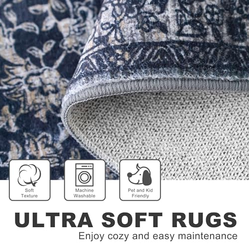 KILOCOCO Moroccan Small Area Rug 2x3 Entryway Rugs Printed Vintage Floral Washable Rug Non-Slip Kitchen Rug Indoor Door Mat, Accent Throw Small Rugs for Laundry Room Bedroom Entrance, Navy/Charcoal - color: Charcoal/Navy, size: 2' x 3' (Rectangular)