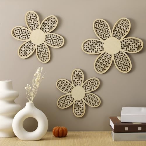 Maitys 3 Pieces Boho Daisy Wall Decor Natural Rattan Flower Wall Hanging Art Wooden Boho Art Nursery Flowers Farmhouse Hanging Decor for Home Office Nursery(Wooden Color) - color: Wooden Color