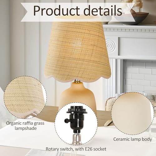 Pia Ricco 19" Modern Ceramic Table Lamp for Living Room Cream Base Desk Lamps for Bedroom Farmhouse Bedside Nightstand Lamp End Table Lamps,Beige,Rattan Shade - color: Grey Cream Base