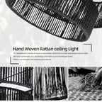 Black Boho Rattan Chandelier 18'' Hand Woven Chandelier Light Fixture 3-Light Farmhouse Drum Pendant Light for Dining Room Bedroom Kitchen Hallway Foyer - color: 18" Black Rattan