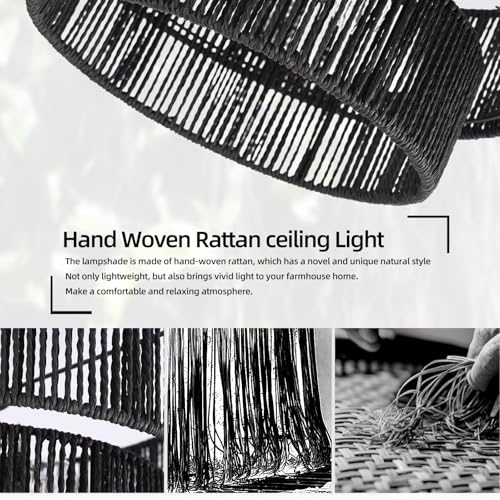 Black Boho Rattan Chandelier 18'' Hand Woven Chandelier Light Fixture 3-Light Farmhouse Drum Pendant Light for Dining Room Bedroom Kitchen Hallway Foyer - color: 18" Black Rattan