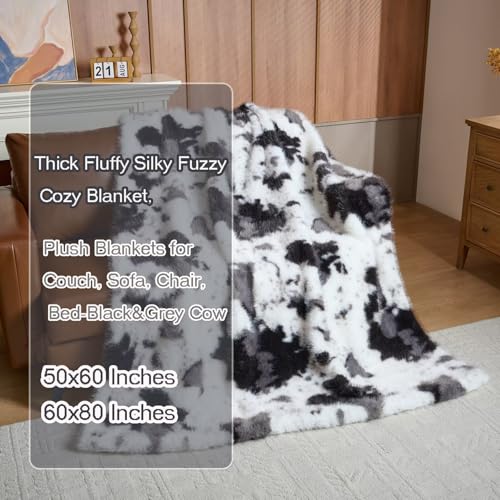 Luxury Fluffy Faux Fur Throw Blanket,Thick Fluffy Silky Fuzzy Cozy Blanket,Plush Blankets for Couch, Sofa, Chair, Bed-Black&Grey Cow-50 * 60inch - color: Black&grey Cow, size: Throw (50" x 60")