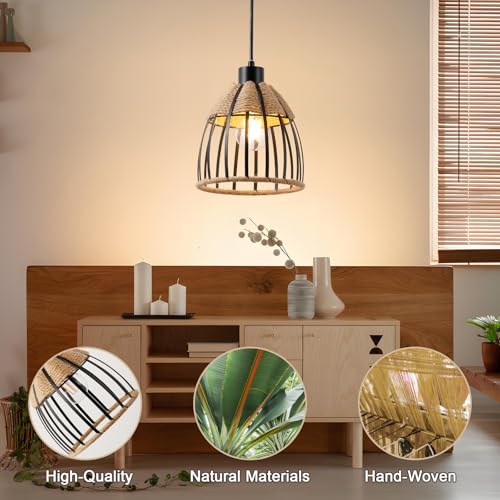 OCIOC Mini Hemp Rope Woven Pendant Light, Boho Chanderlier Light Fixture, 6.9 Inch Farmhouse Rattan Adjustable Height Hanging lamp for Kitchen Island Bedroom, Dining Room, Living Room, Entryway, Foyer - size: 5.5