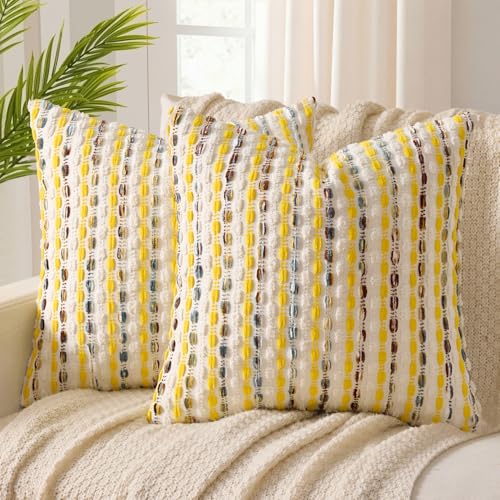 ANRODUO Boho Chenille Textured Tufted Pillow Covers 18x18 Inch Set of 2 Woven Decorative Throw Pillow Covers with Raised Stripes Accent Neutral Pillowcase for Couch Sofa Bed Living Room, Yellow Cream - color: Yellow Cream, size: 18" x 18" (Pack of 2)
