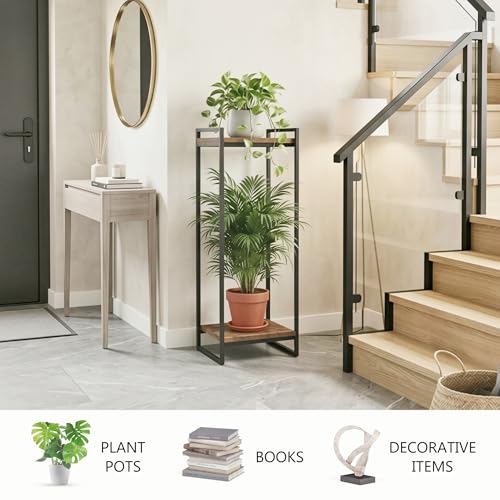 34" Tall Plant Stand Indoor, 2-Tier Modern Plant Shelf Corner Flower Pot Holder Organizer for Living Room Balcony Garden, Rustic Brown