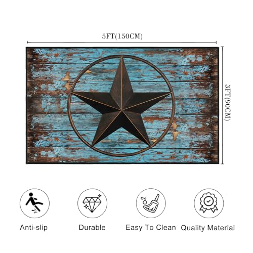 Western Area Rug 3x5,Rustic Barn Texas Star on Old Wooden Plank,Ultra-Thin Washable Throw Carpet Teal Rugs for Bedroom Indoor Vintage Rugs Non Slip Accent Floor Carpets for Entryway,Living Room,Office - size: 3'x5'