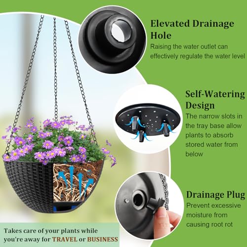RooTrimmer Hanging Planters for Indoor Outdoor Plants 8 and 10 Inch, 4 Packs Hanging Flower Pot with Drainage Holes, Self-Watering Hanging Basket Perfect for Home, Office and Garden, Black - color: Black, size: 2p*8"+2p*10"