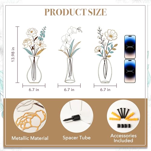 CarryWise 3 Piece Metal Flower Wall Art for Bedroom Living Room, Flower Blue gold - color: Blue Gold & Vase Flower