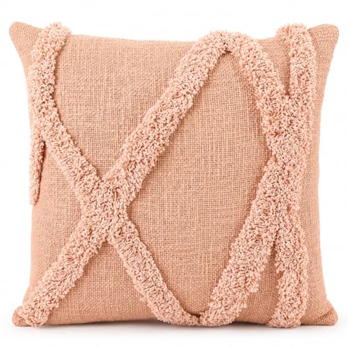 Boho Tufted Throw Pillow Cover, Blush Pink, Cotton, Geometric Diamond Pattern with Fringe
