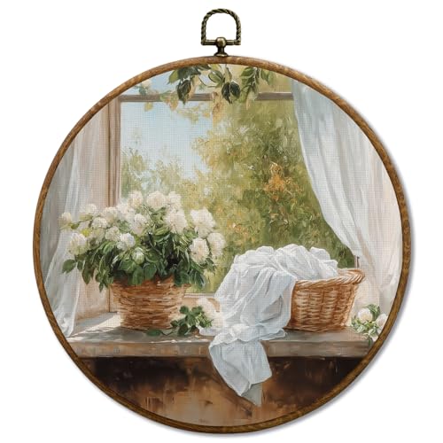 JUIOEIU Vintage Laundry Room Round Wall Decor,Rustic Farmhouse Framed Canvas Prints, Country Cottagecore Landscape Floral Wall Art Hanging Decorations for Washroom Bathroom Laundry Room Decor, 10x10in - color: Laundry room02