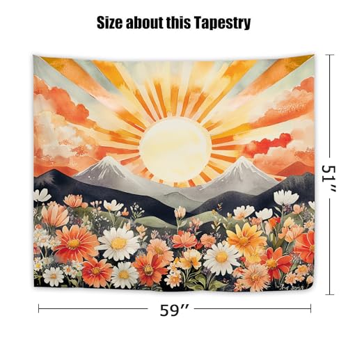 Yookeb Abstract Sun Flower Mountain Tapestry 59W by 51H Inch Wall Hanging Sunrise Sunset Watercolor Wildflower Landscape Bedroom Living Room Dorm Polyester Fabric Home Decor - color: Orange Blush Sun, size: 59"L x 51"W