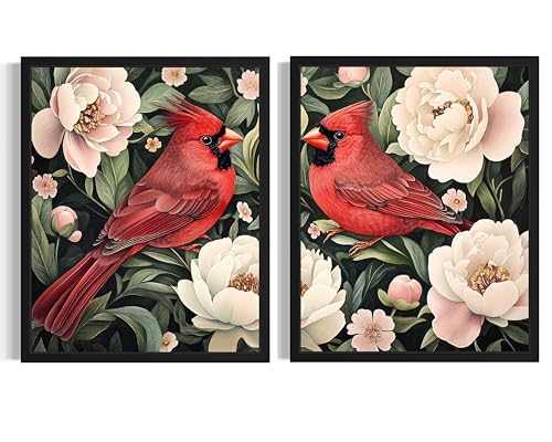 Red Cardinals William Morris Wall Art Poster Prints, Vintage Flowers Tapestry, Floral Decor for Living Room, Bedroom, Office, Bathroom AA12 (Red Cardinals, 8 x 10 inches (2 Panels), Unframed) - color: Red Cardinals, size: 8 x 10 inches (2 Panels)