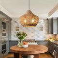 Hand-Woven Boho Rattan Chandelier Pendant Light Fixture - Brown Wicker Hanging Lamp for Kitchen Island, Dining Room, Bedroom, Foyer, Entryway, Porch or Restaurant Ceiling Lighting 15 Inch