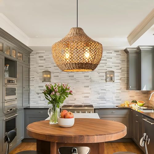 Hand-Woven Boho Rattan Chandelier Pendant Light Fixture - Brown Wicker Hanging Lamp for Kitchen Island, Dining Room, Bedroom, Foyer, Entryway, Porch or Restaurant Ceiling Lighting 15 Inch