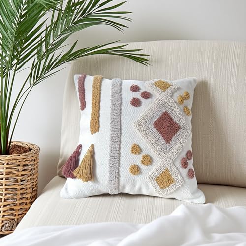 Andreannie Pack of 2 Boho Tufting Throw Pillow Cover Embroidered Textured Cushion Cover with Tassels Soft Home Decororative for Couch Sofa 18x18 inch (Boho Grey Yellow) - color: Boho Grey Yellow