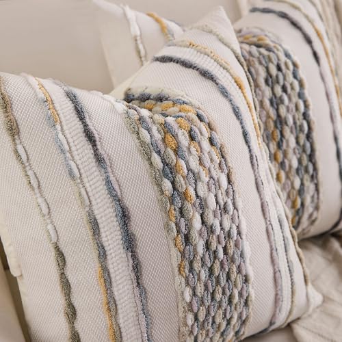 Boho Striped Throw Pillow Covers 18x18 Inch Set of 2 Farmhouse Square Decorative Pillow Covers Chenille Tufted Accent Neutral Pillowcase Grey Blue Cushion Cover for Living Room Couch Sofa Bed - color: Grey Blue