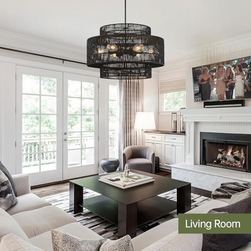 24” Black Boho Large Rattan Chandelier Light Fixture,6-Light Large Hand Woven Pendant Light Fixture Farmhouse Rustic Chandeliers for Kitchen Bedroom, Dining Room, Living Room, Hallway, Foyer - color: Black, size: 24" 6-Light