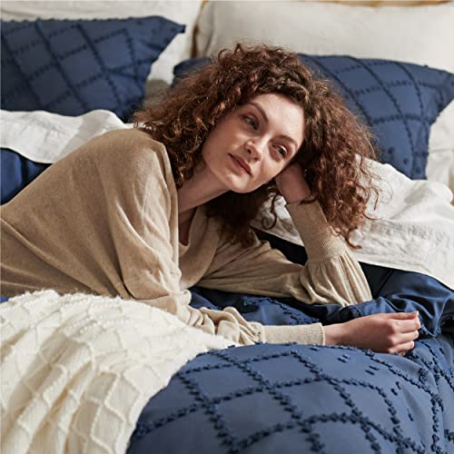 Bedsure Boho Duvet Cover Queen Size - Navy Breathable & Soft Boho Bedding, Machine Washable Comforter Cover for All Seasons, Includes 1 Duvet Cover 90"x90" with 2 Pillow Shams & Zipper Closure - color: 02 - Navy (No Comforter), size: Queen (90" X 90")
