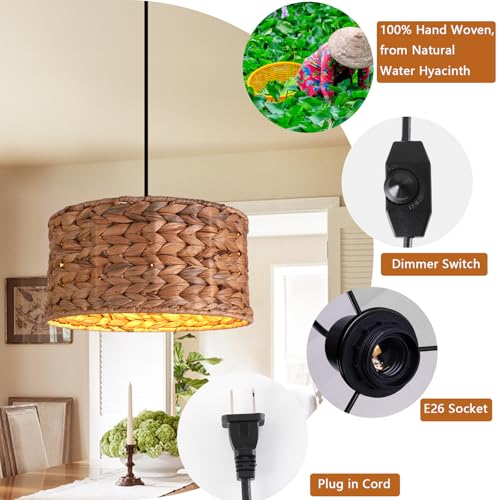 HuisMier Rattan Plug in Pendant Light with 15 Ft Plug in Cord, Wicker Woven Lampshade Hanging Lamp with Dimmable Switch, Plug in Boho Hangiing Light Fixture for Kitchen Island Bedroom Dinning Room - color: Brown Cylinder