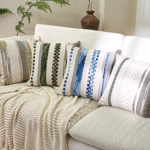 Aeckself Boho Throw Pillow Covers 18x18 Inch Set of 2, Farmhouse Decorative Striped Square Pillow Covers Chenille Tufted Pillow Cases Accent Neutral Pillowcase for Living Room Couch Bed, Sky Blue - color: Sky Blue