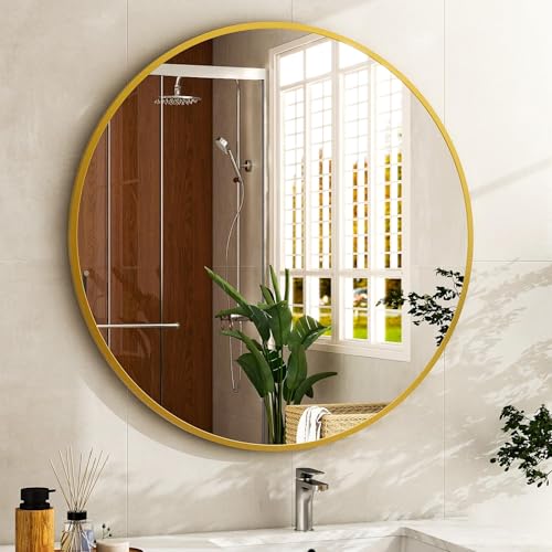 48 Inch Round Bathroom Mirror - Black Wall Mounted Circle Mirror with Metal Frame, Modern Round Hanging Mirror Suitable for Bathroom, Vanity, Entryway, Living Room - color: Gold, size: 20"L x 20"W