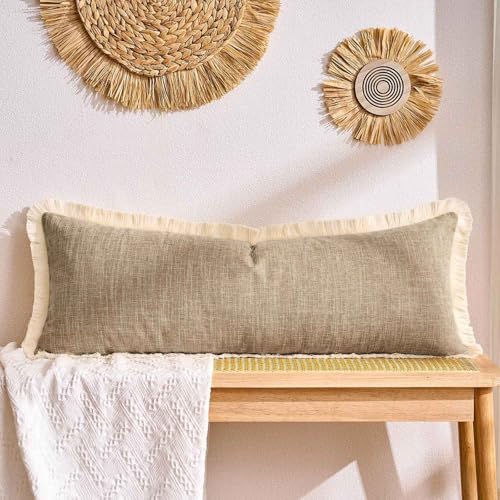 14x36 Pillow Covers Long Khaki Boho Faux Linen Decorative Fringed Rustic Woven Textured Burlap Lumbar Pillow Covers for Bed Sofa Bedroom Living Room Home Decor Cushion Cover Pack of 1 - color: Khaki, size: 36" x 14" (Pack of 1)
