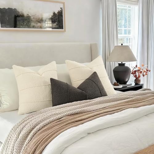YCOLL Textured Boucle Throw Pillow Covers 20x20 Pack of 2 - Soft Neutral Striped Cushion Covers, Cozy Accent Decorative Pillow Covers for Couch, Sofa, Bed, Living Room (Cream) - color: Cream, size: 20" x 20" (Pack of 2)