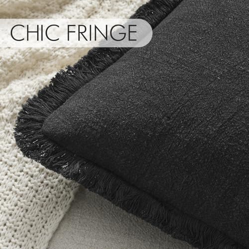 ANRODUO Set of 2 Decorative Throw Pillow Covers 24×24 Inch Soft Linen Fringe Farmhouse Boho Vintage Cushion Covers with Tassels Accent Pillowcase for Couch Sofa Bed Living Room Summer Decor Black - color: Black, size: 24" x 24" (Pack of 2)