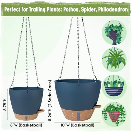 Self-Watering Hanging Planters with Water Level Window, 8/10 Inch Indoor Outdoor Hanging Plant Pots Includes Chain Hangers with Drainage Holes & Detachable Reservoir (Blue, 8+10 inch) - color: Blue