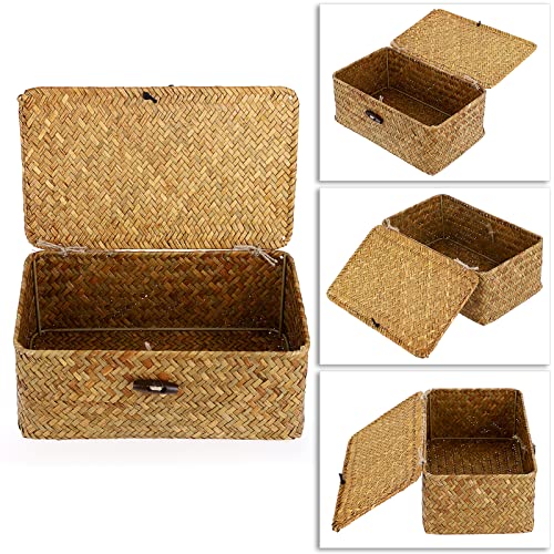 Hipiwe Wicker Shelf Baskets Bin with Lid, Handwoven Seagrass Basket Storage Bins Rectangular Household Basket Boxes for Shelf Wardrobe Home Organizer, Caramel Small - color: Caramel, size: Small