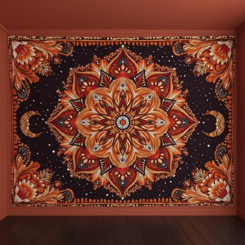 Accnicc Mandala Floral Tapestry Wall Hanging Boho Orange Red Tapestry Aesthetic Hippie Vintage Bohemian Flower Celestial Indian Extra Large Tapestries for Bedroom Living Room Dorm Decor 90 x 68 Inch - color: Burnt Orange, size: 90L" x 68W"
