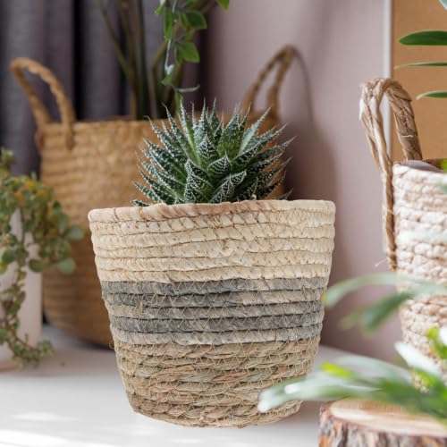 Operitacx 2 Pack Seagrass Plant Basket, Woven Planter Covers with Handles for Indoor Plant Pots and Home Decor 7X6in